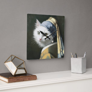 White Cat With a Pearl Earring Vintage Portrait Square Wall Clock