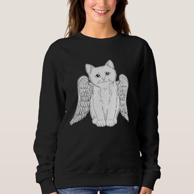 White Cat with Angel Wings Kitten Artwork for Wome Sweatshirt (Front)