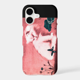 WHITE CAT WITH BLACK BUTTERFLY IN PINK