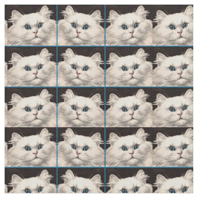 white cat with blue eyes print fabric (Close Up)