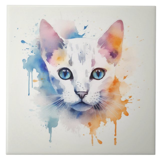 White Cat with Blue Eyes - Watercolor Ceramic Tile (Front)