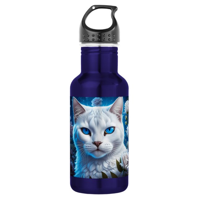 White Cat with Bright Blue Eyes Floral 532 Ml Water Bottle (Front)