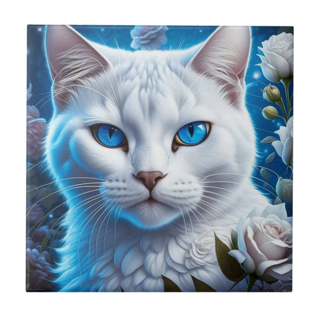 White Cat with Bright Blue Eyes Floral Ceramic Tile (Front)