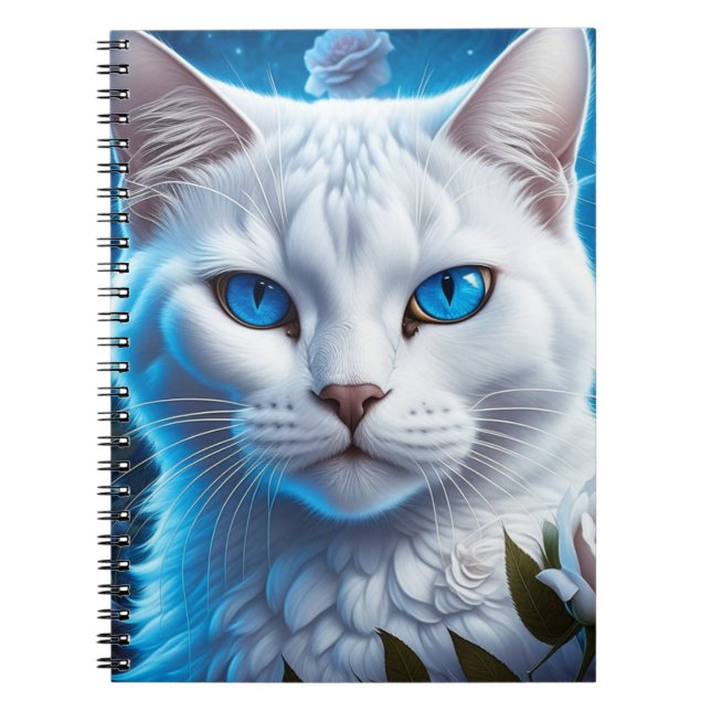 White Cat with Bright Blue Eyes Floral  Notebook (Front)