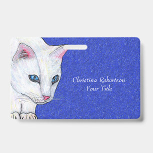 White Cat With Bright Blue Eyes on Sparkle Blue ID Badge