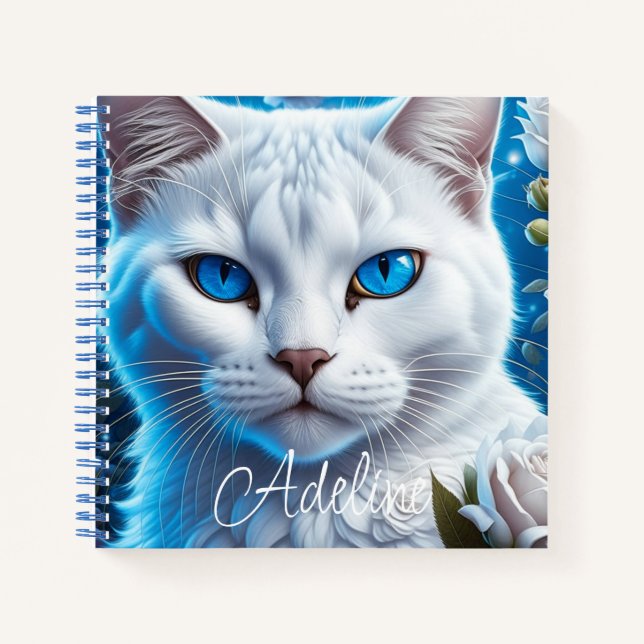 White Cat with Bright Blue Eyes Personalised Notebook (Front)