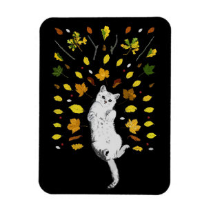 White cat with fall leaves illustration magnet