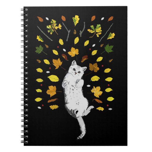 White cat with fall leaves illustration notebook (Front)