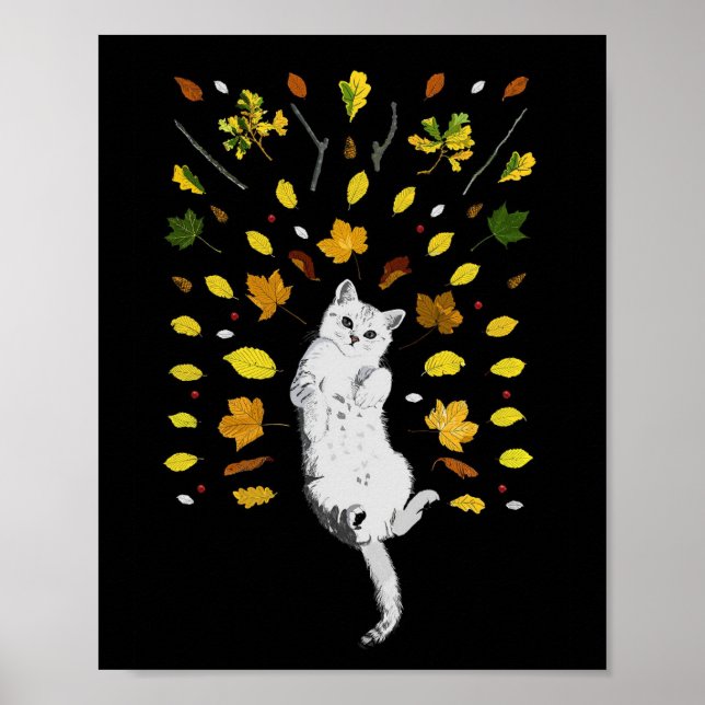 White cat with fall leaves illustration poster (Front)