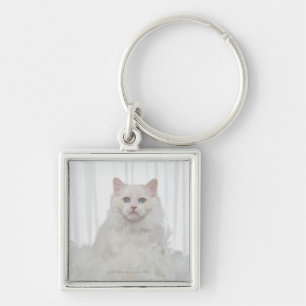 White Cat with Feathers Key Ring