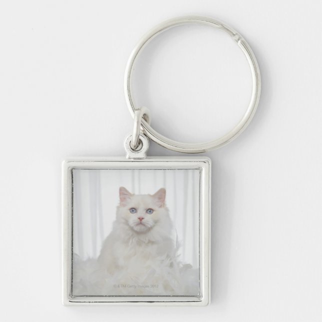 White Cat with Feathers Key Ring (Front)
