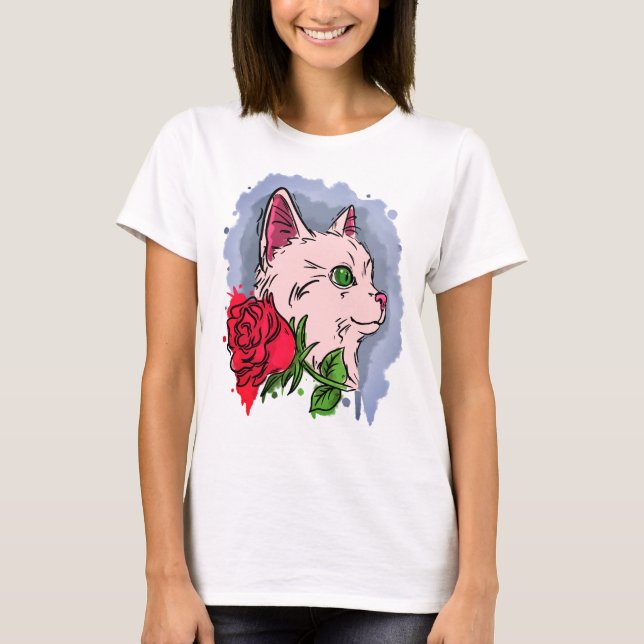 White cat with flower T-Shirt (Front)