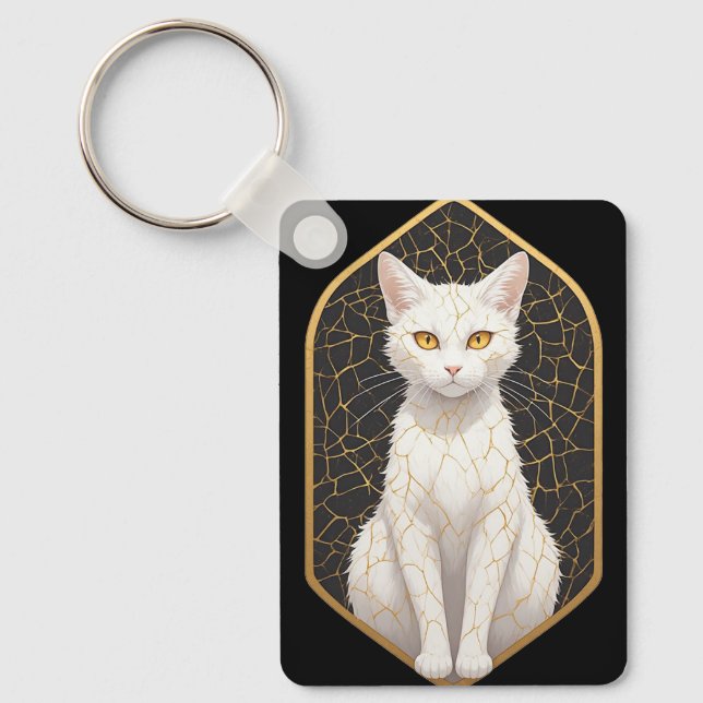 White Cat With Kintsugi Pattern 🐾 Key Ring (Front)