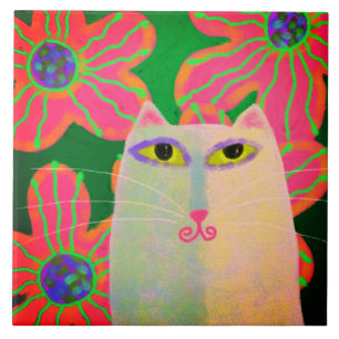 White Cat with Pink Flowers Abstract Painting Ceramic Tile