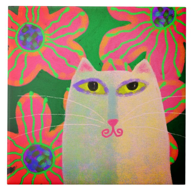 White Cat with Pink Flowers Abstract Painting Ceramic Tile (Front)