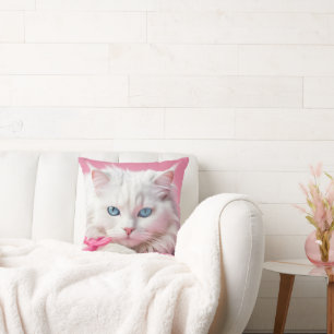 White Cat With Pink Ribbons Cushion