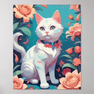 White Cat with pink roses Poster