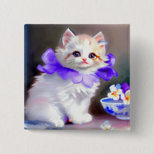 White Cat with Purple Flower Collar Painting 15 Cm Square Badge
