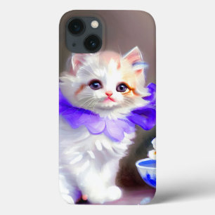 White Cat with Purple Flower Collar Painting iPhone 13 Case