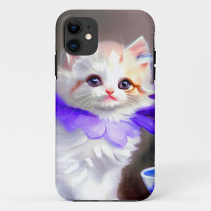 White Cat with Purple Flower Collar Painting iPhone 11 Case