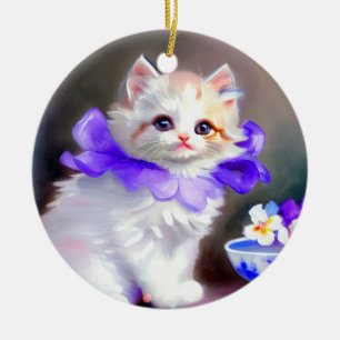 White Cat with Purple Flower Collar Painting Ceramic Ornament