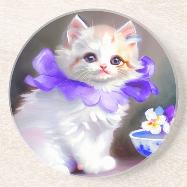 White Cat with Purple Flower Collar Painting Coaster (Front)