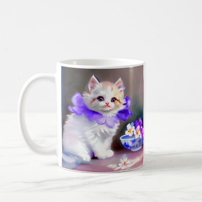 White Cat with Purple Flower Collar Painting Coffee Mug (Left)