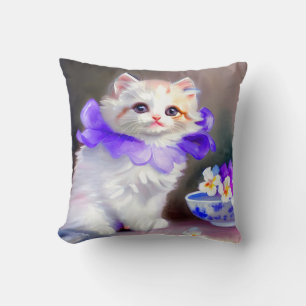 White Cat with Purple Flower Collar Painting Cushion