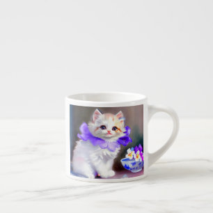White Cat with Purple Flower Collar Painting Espresso Cup