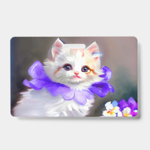 White Cat with Purple Flower Collar Painting ID Badge