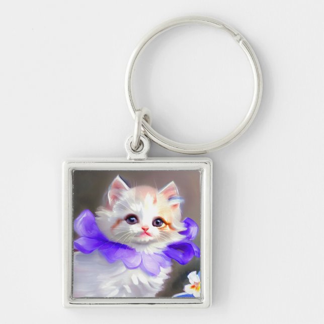 White Cat with Purple Flower Collar Painting Key Ring (Front)