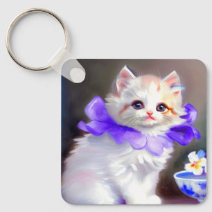 White Cat with Purple Flower Collar Painting Key Ring