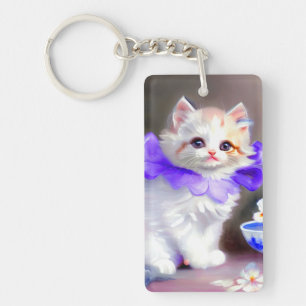 White Cat with Purple Flower Collar Painting Key Ring