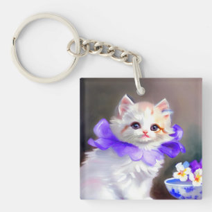 White Cat with Purple Flower Collar Painting Key Ring