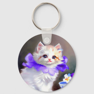 White Cat with Purple Flower Collar Painting Key Ring