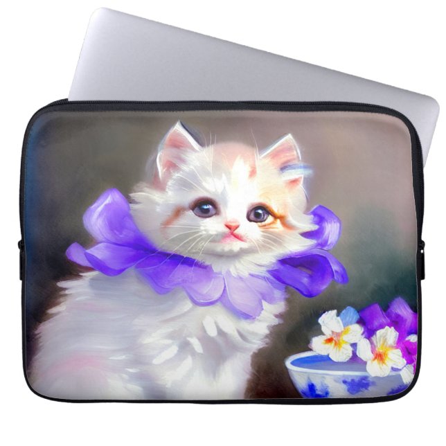 White Cat with Purple Flower Collar Painting Laptop Sleeve (Front)