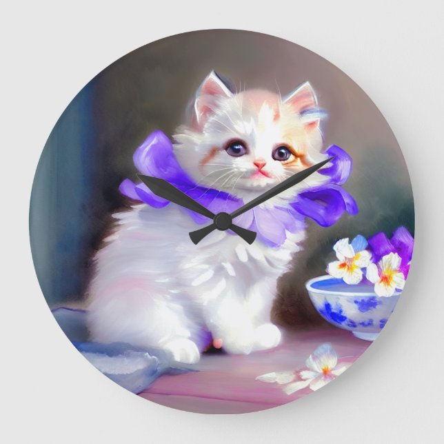 White Cat with Purple Flower Collar Painting Large Clock (Front)