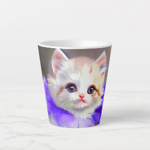 White Cat with Purple Flower Collar Painting Latte Mug