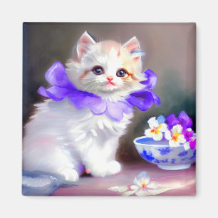 White Cat with Purple Flower Collar Painting Magnet