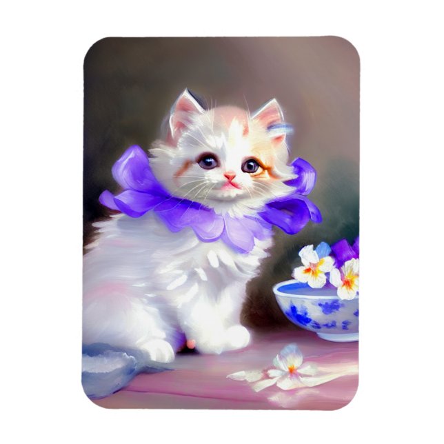 White Cat with Purple Flower Collar Painting Magnet (Vertical)