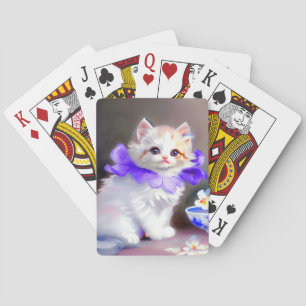 White Cat with Purple Flower Collar Painting Playing Cards