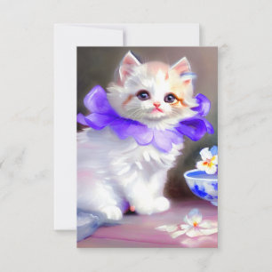 White Cat with Purple Flower Collar Painting RSVP Card