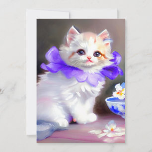 White Cat with Purple Flower Collar Painting Save The Date