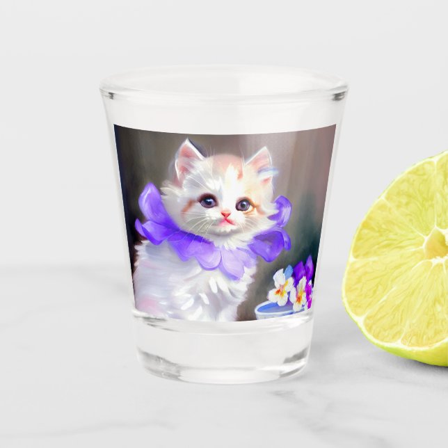 White Cat with Purple Flower Collar Painting Shot Glass (Front)