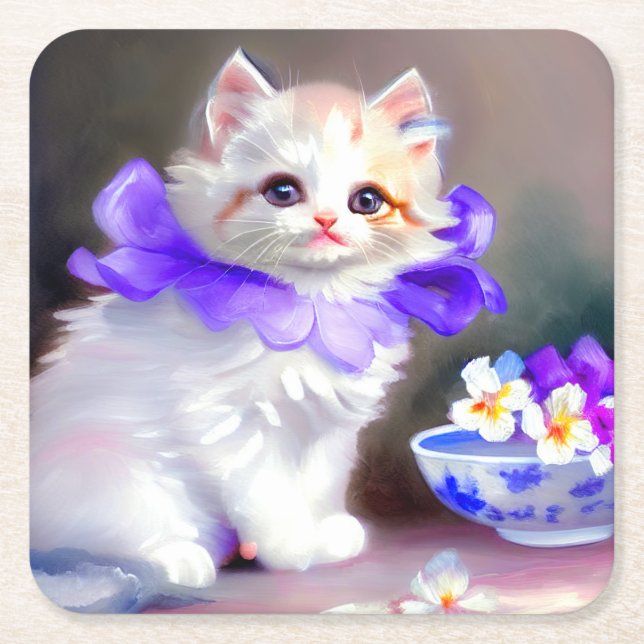 White Cat with Purple Flower Collar Painting Square Paper Coaster (Front)