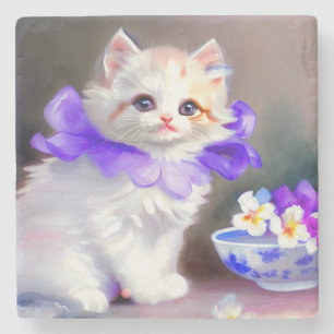 White Cat with Purple Flower Collar Painting Stone Coaster