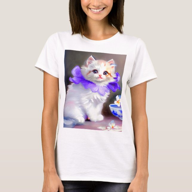White Cat with Purple Flower Collar Painting T-Shirt (Front)