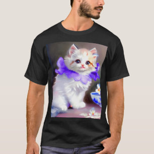 White Cat with Purple Flower Collar Painting T-Shirt