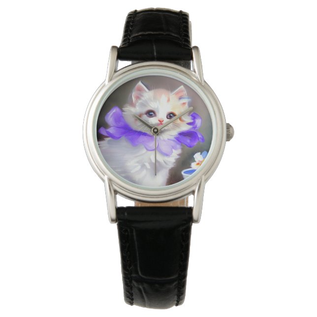 White Cat with Purple Flower Collar Painting Watch (Front)