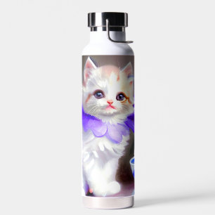 White Cat with Purple Flower Collar Painting Water Bottle